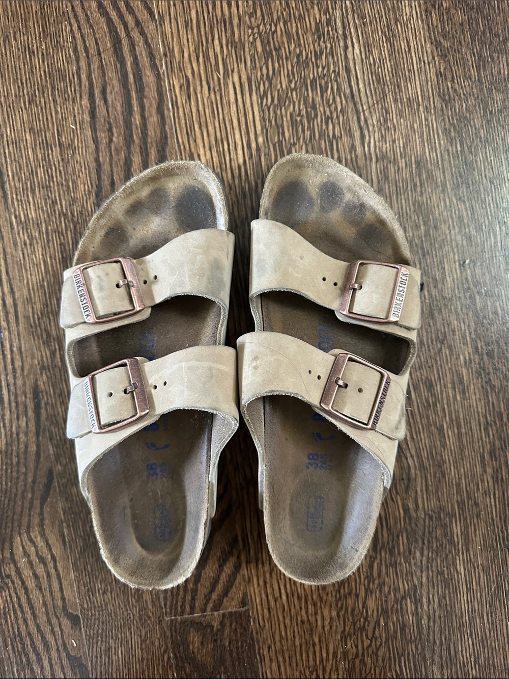 Birkenstock Kids Arizona Two-Strap Sandal — Beige with Rose-Gold Buckles